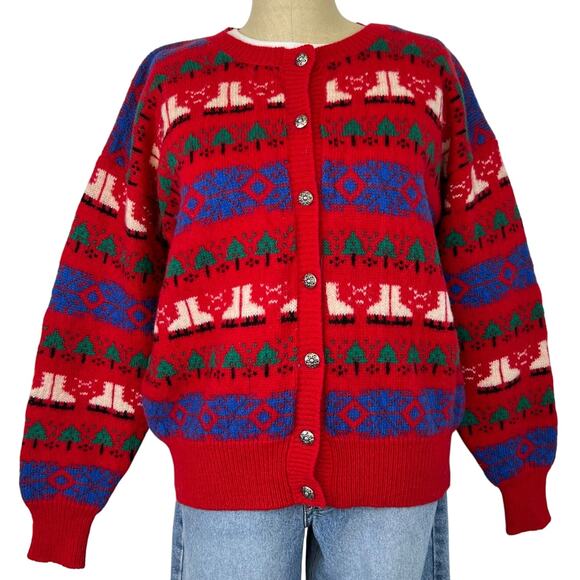 Vintage Robert Scott Ltd 100% Wool Holiday Ice Skate Cardigan Knit Sweater (M) - Picture 1 of 10